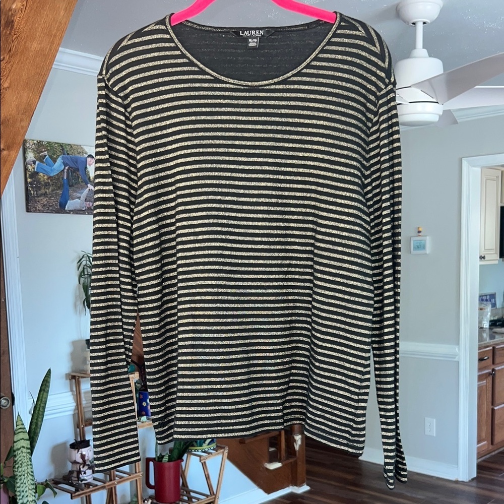 Lauren Ralph Lauren Black and Gold Striped Long Sleeve Shirt